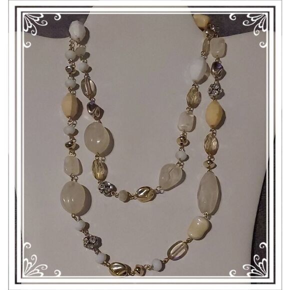 Gorgeous Vintage Long Gold Milky~Taupe~Crystal Ball Beads Necklace - Picture 1 of 3